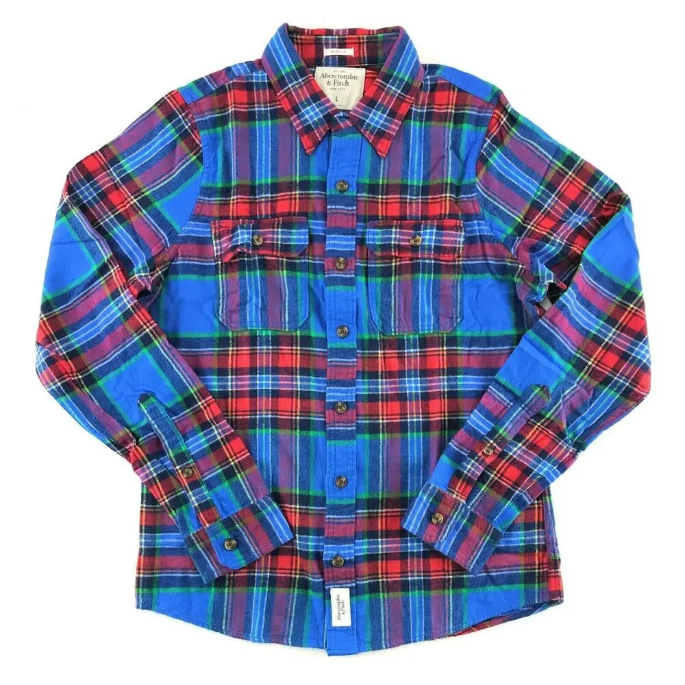 Abercrombie & Fitch Mens Flannel Long‎ Sleeve Shirt Small Blue Red Plaid Unisex